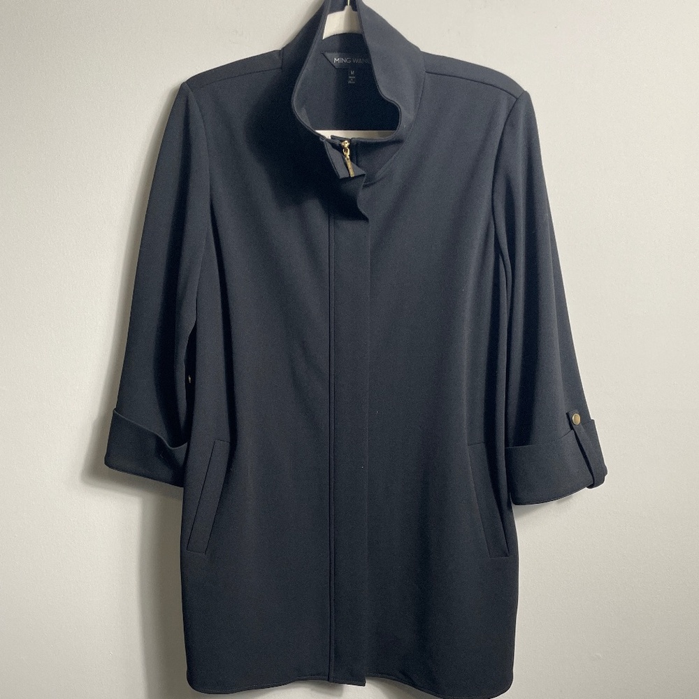 Ming Wang Black Straight Longline Blouse Topper with Zip & Snap Sleeves – Size M